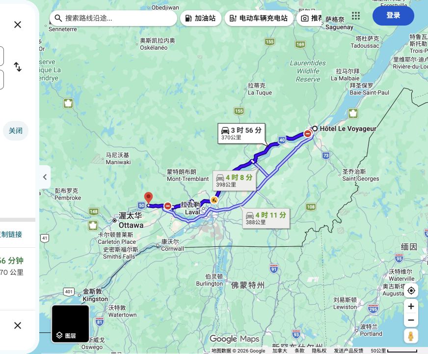 Hotel Le Voyageur到Montebello 河畔小镇原路线预览
