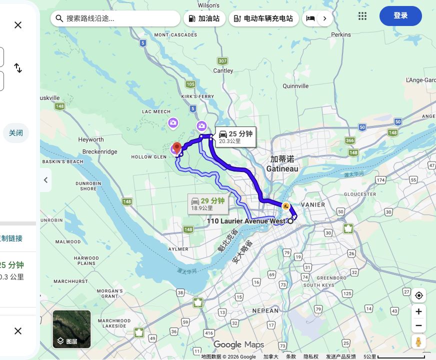 Ottawa City Hall · Lot 6车库到Mackenzie King Estate · P6停车场原路线预览