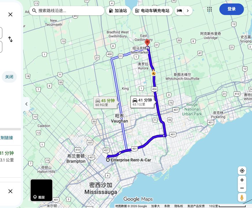 Enterprise 机场租车点到Comfort Inn Newmarket-Aurora原路线预览